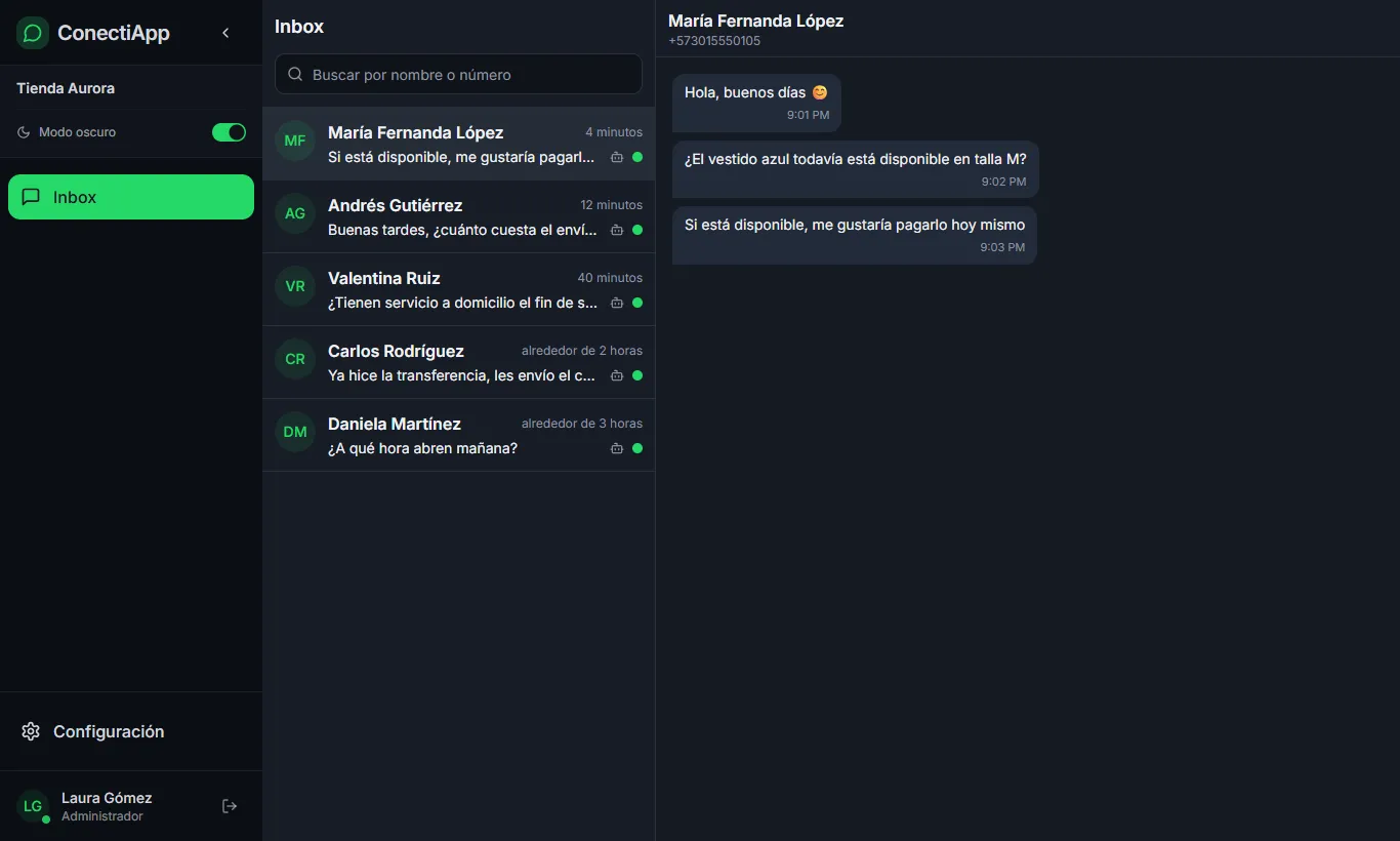 Inbox de ConectiApp en modo oscuro